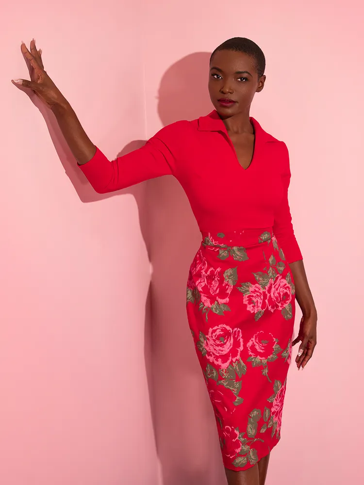 FINAL SALE - Vixen Pencil Skirt in Vintage Red Rose Print - Vixen by Michelin Pitt family ease
