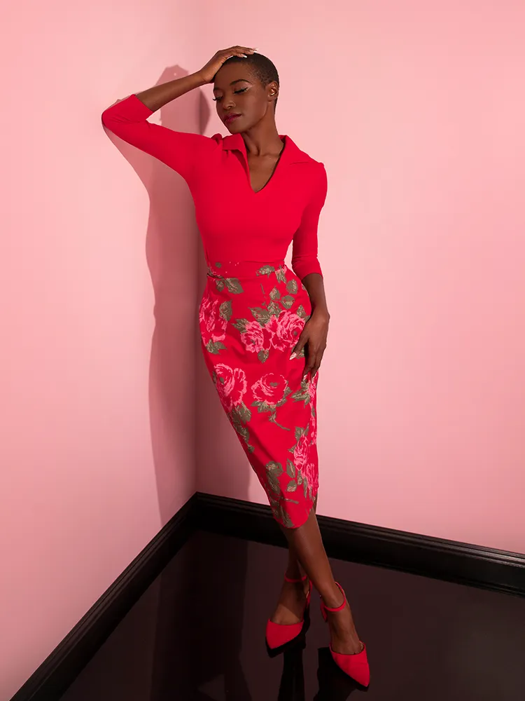 FINAL SALE - Vixen Pencil Skirt in Vintage Red Rose Print - Vixen by Michelin Pitt family ease