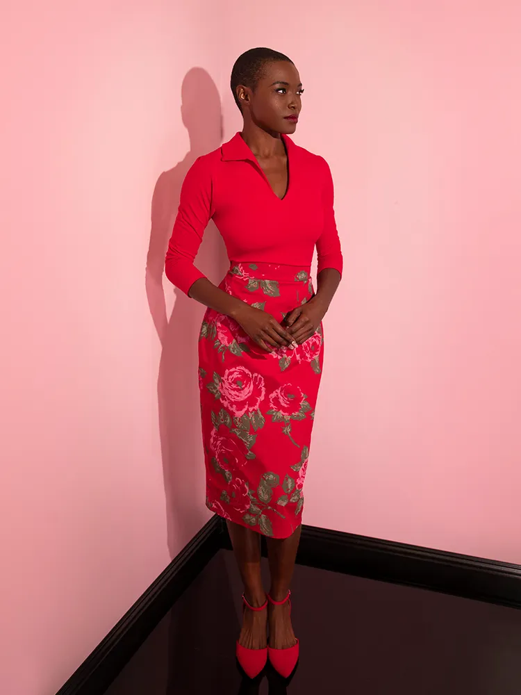 FINAL SALE - Vixen Pencil Skirt in Vintage Red Rose Print - Vixen by Michelin Pitt family ease