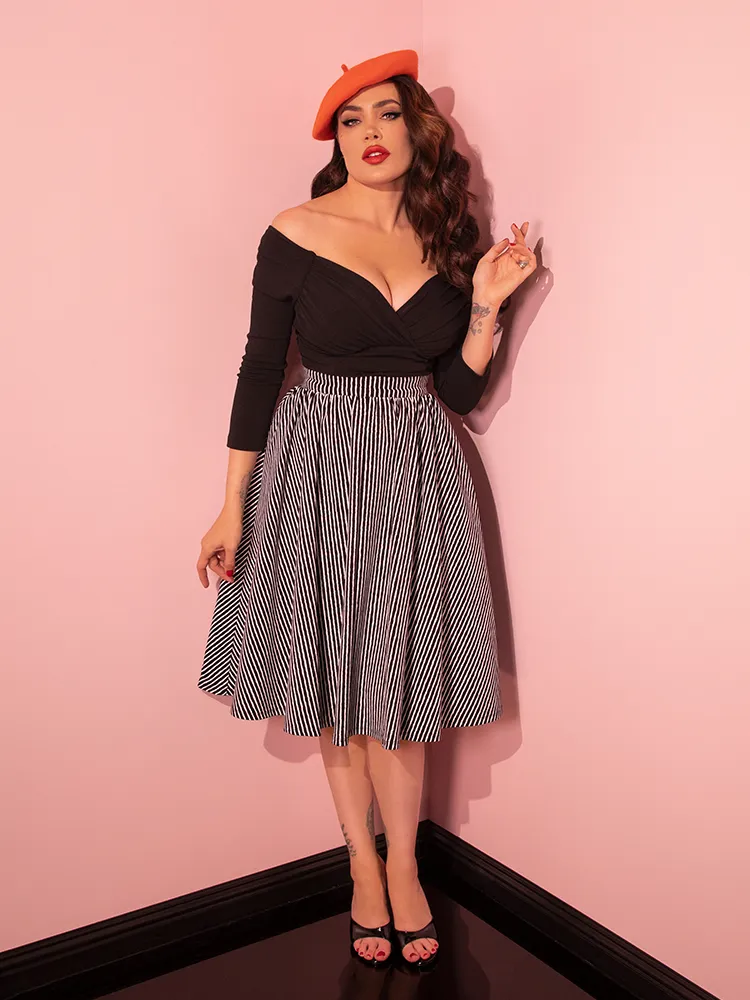 FINAL SALE - Vixen Swing Skirt in Halloween Thin Black and White Stripes - Vixen by Micheline Pitt soft rib