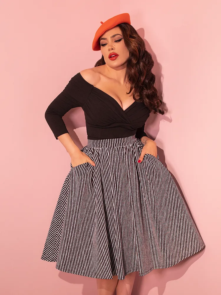 FINAL SALE - Vixen Swing Skirt in Halloween Thin Black and White Stripes - Vixen by Micheline Pitt soft rib