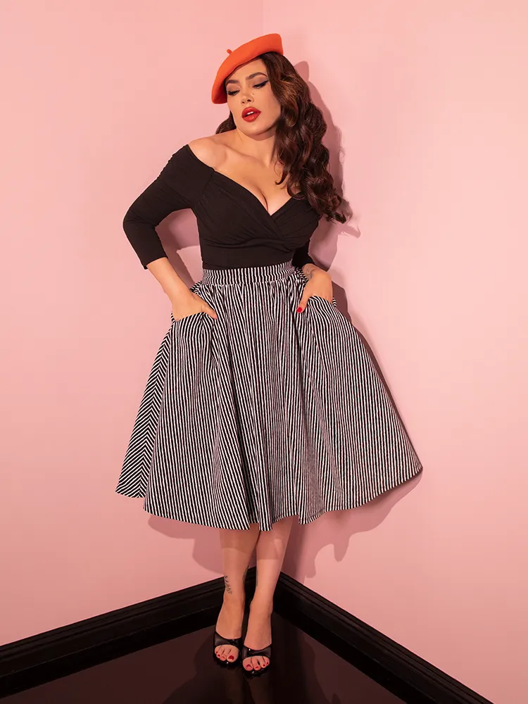 FINAL SALE - Vixen Swing Skirt in Halloween Thin Black and White Stripes - Vixen by Micheline Pitt soft rib