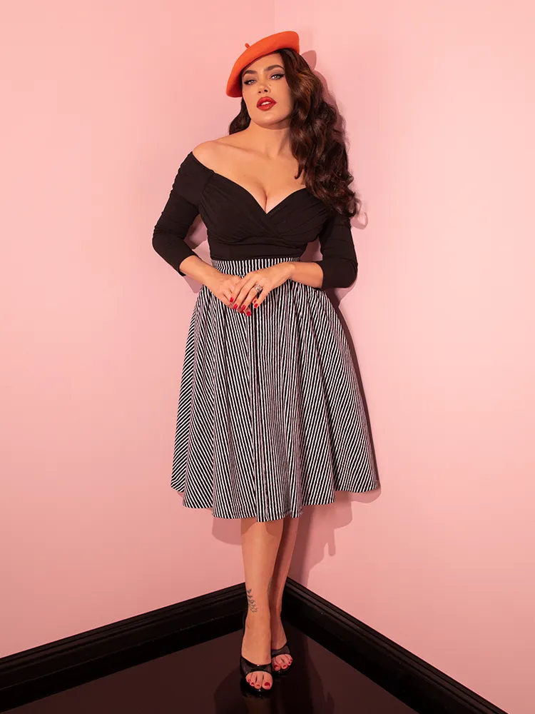 FINAL SALE - Vixen Swing Skirt in Halloween Thin Black and White Stripes - Vixen by Micheline Pitt soft rib