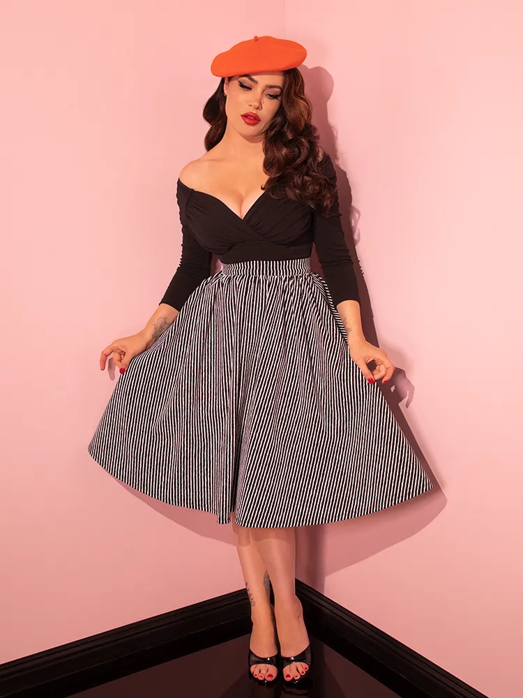 FINAL SALE - Vixen Swing Skirt in Halloween Thin Black and White Stripes - Vixen by Micheline Pitt soft rib