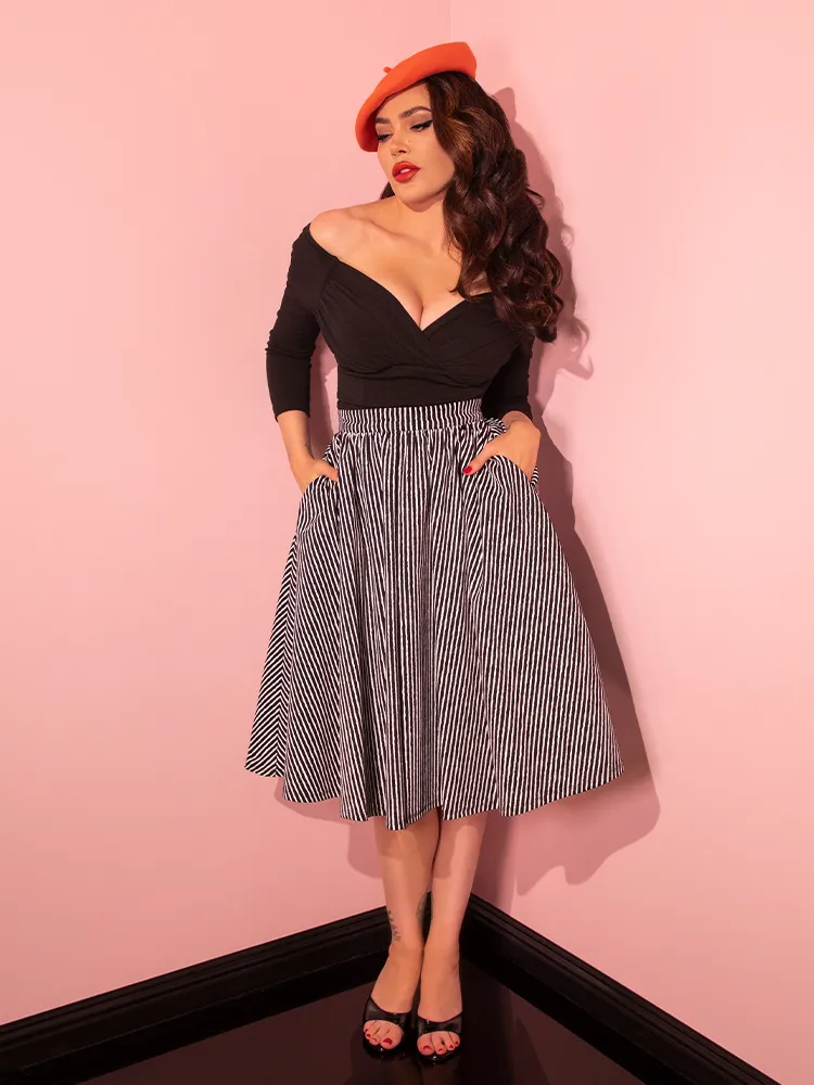 FINAL SALE - Vixen Swing Skirt in Halloween Thin Black and White Stripes - Vixen by Micheline Pitt soft rib