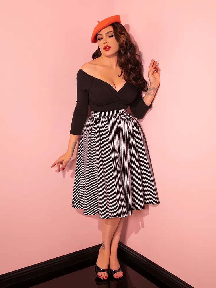 FINAL SALE - Vixen Swing Skirt in Halloween Thin Black and White Stripes - Vixen by Micheline Pitt soft rib