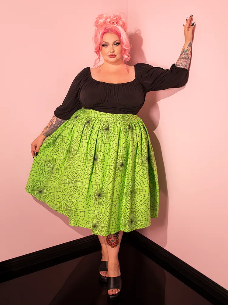 FINAL SALE - Vixen Swing Skirt in Slime Green Spider Web Print - Vixen by Micheline Pitt frost dream
