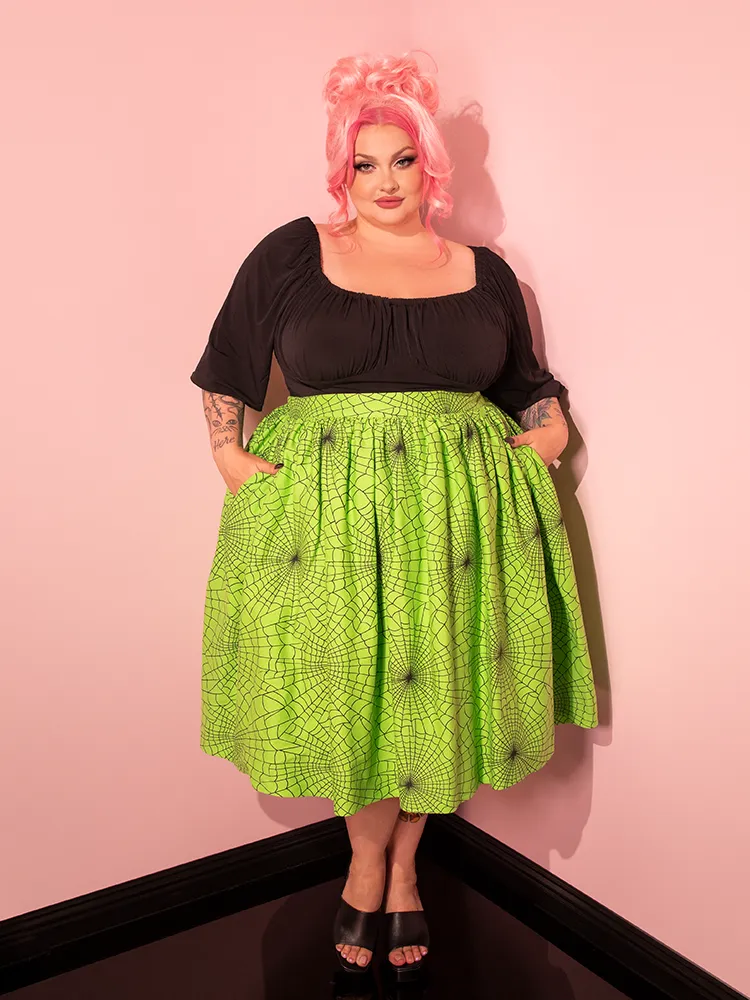 FINAL SALE - Vixen Swing Skirt in Slime Green Spider Web Print - Vixen by Micheline Pitt frost dream
