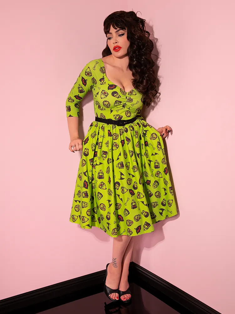 FINAL SALE - Wicked Swing Dress in Vintage Monster Mash Print  - Vixen by Micheline Pitt tall frame