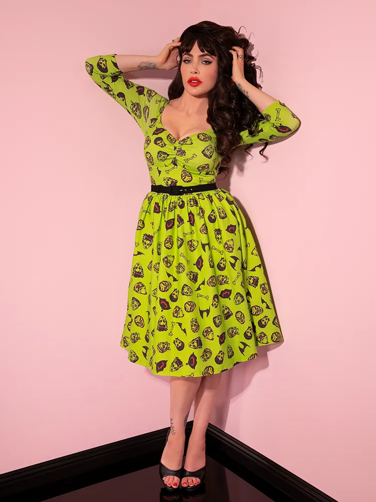 FINAL SALE - Wicked Swing Dress in Vintage Monster Mash Print  - Vixen by Micheline Pitt tall frame