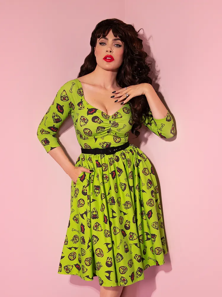 FINAL SALE - Wicked Swing Dress in Vintage Monster Mash Print  - Vixen by Micheline Pitt tall frame
