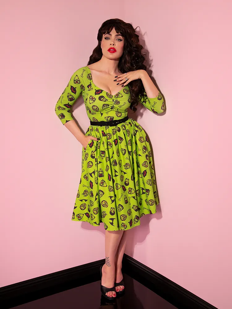 FINAL SALE - Wicked Swing Dress in Vintage Monster Mash Print  - Vixen by Micheline Pitt tall frame