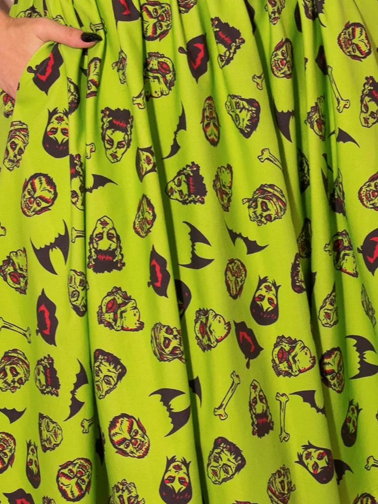 FINAL SALE - Wicked Swing Dress in Vintage Monster Mash Print  - Vixen by Micheline Pitt tall frame