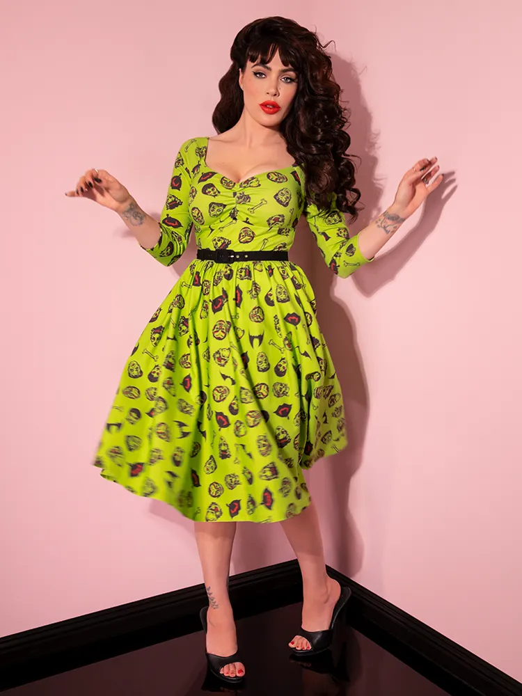 FINAL SALE - Wicked Swing Dress in Vintage Monster Mash Print  - Vixen by Micheline Pitt tall frame