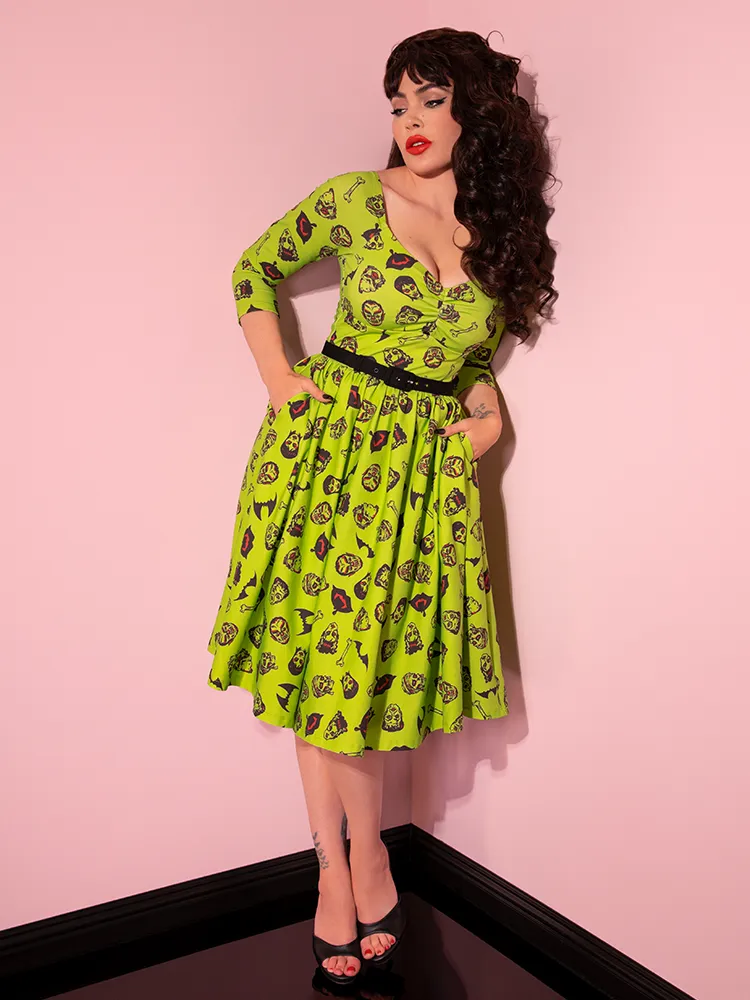 FINAL SALE - Wicked Swing Dress in Vintage Monster Mash Print  - Vixen by Micheline Pitt tall frame