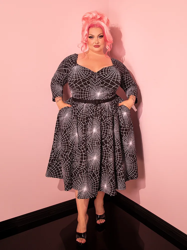 FINAL SALE- Wicked Swing Dress in Vintage Spiderweb Print - Vixen by Micheline Pitt fog walk
