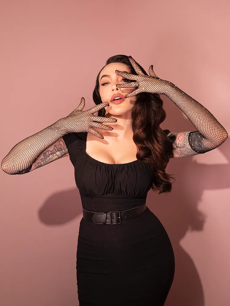 Full-length Fishnet Rhinestone Opera Gloves in Black space breeze
