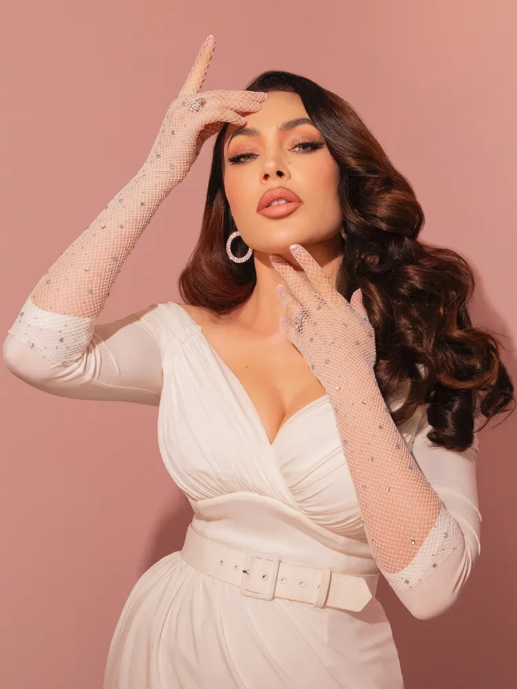 Full-length Fishnet Rhinestone Opera Gloves in White old soul