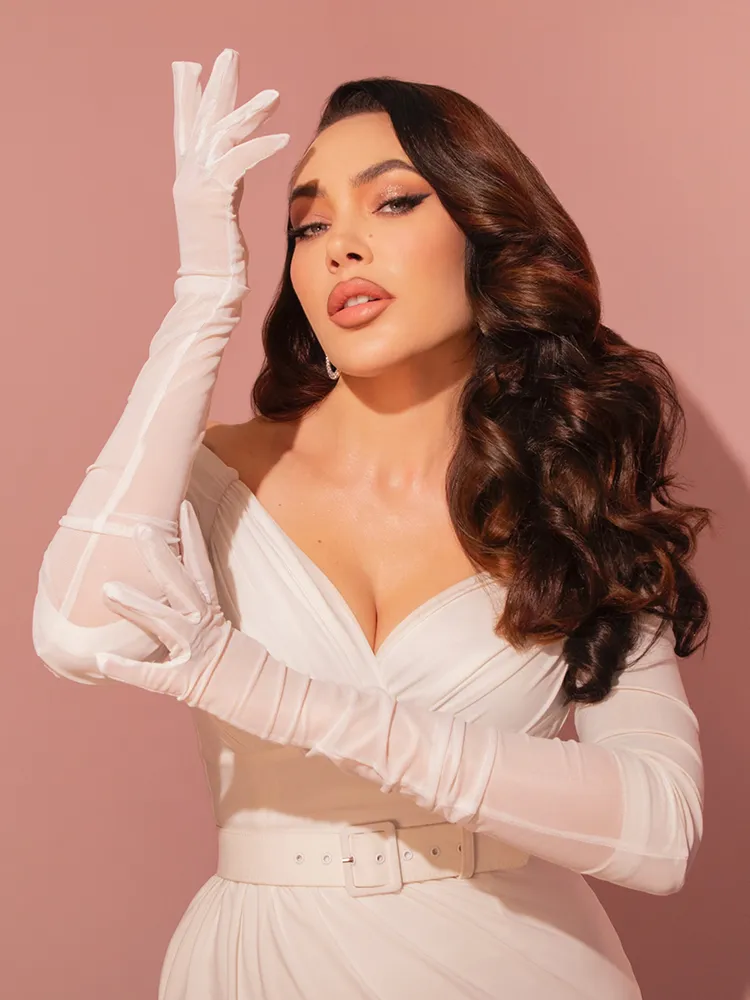Full-Length Mesh Opera Gloves in White petal print