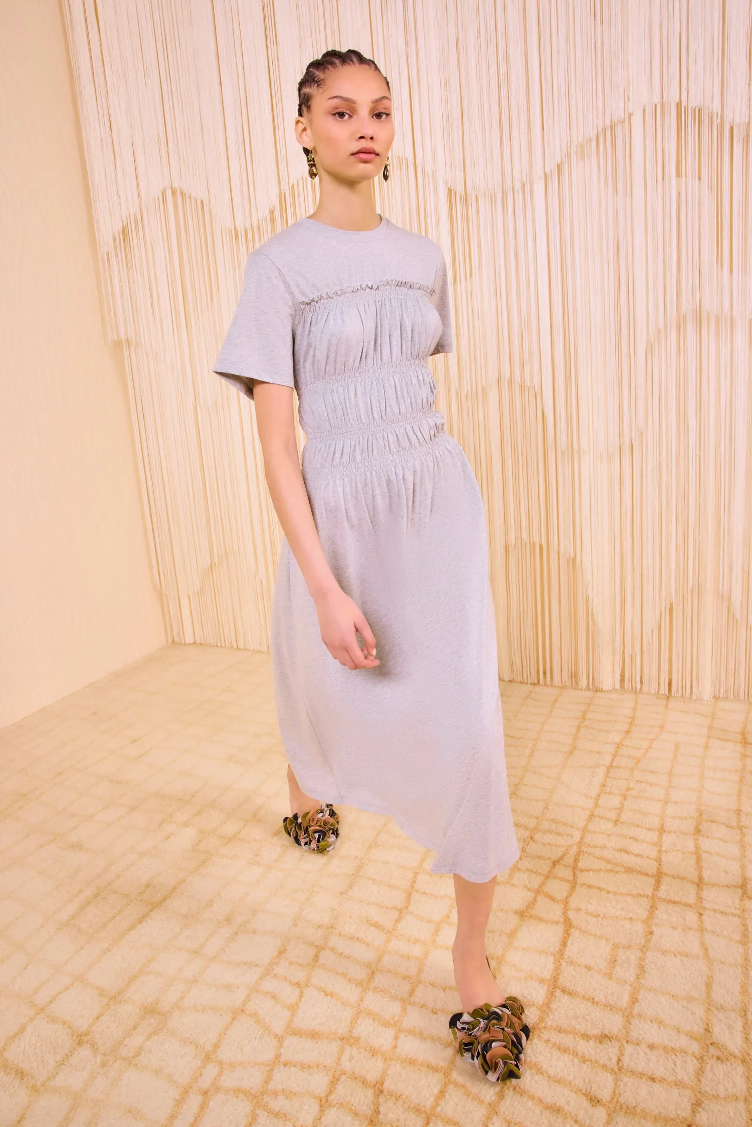 Georgie Short Sleeve Smocked Midi Dress - Slate Melange london girl