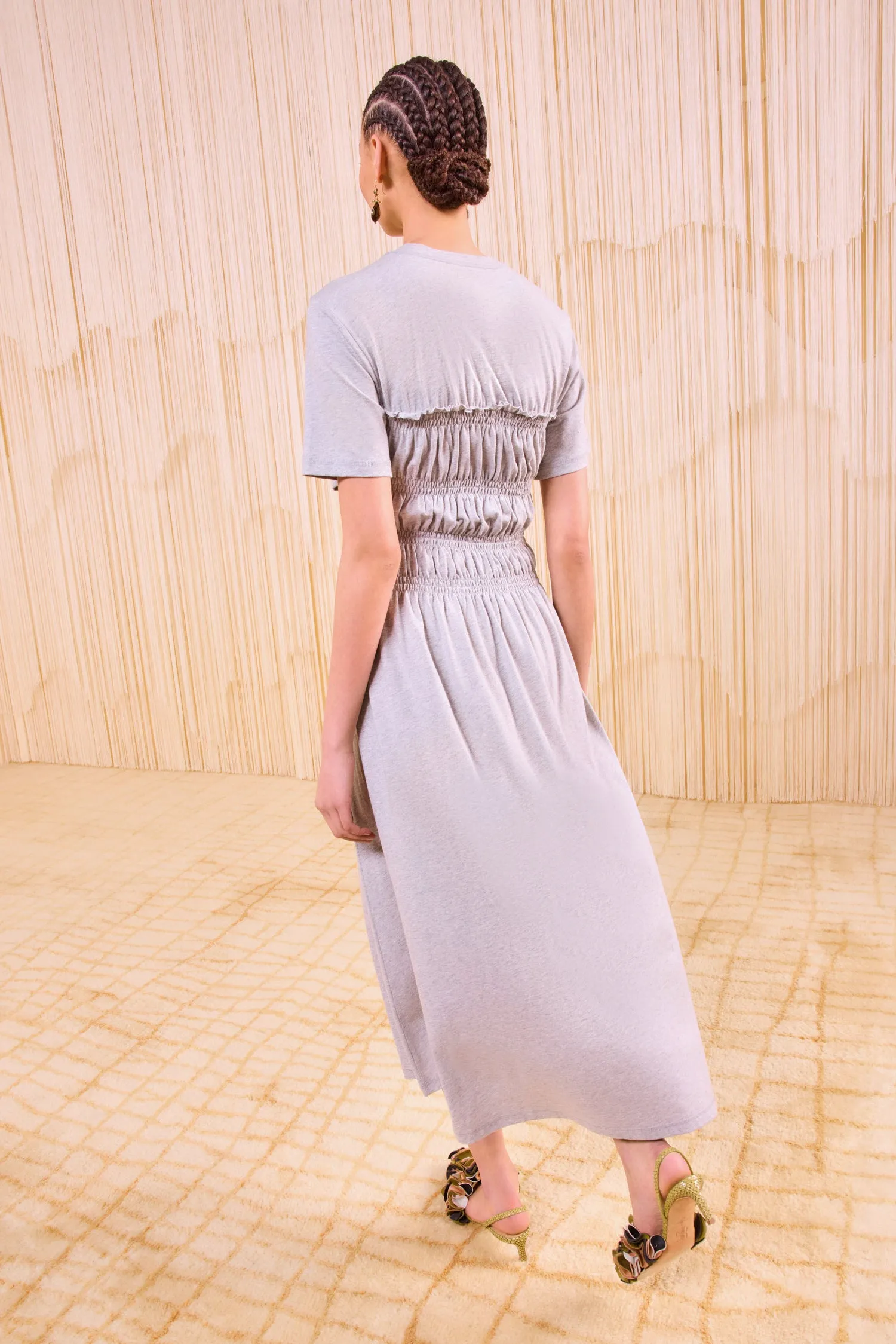 Georgie Short Sleeve Smocked Midi Dress - Slate Melange london girl