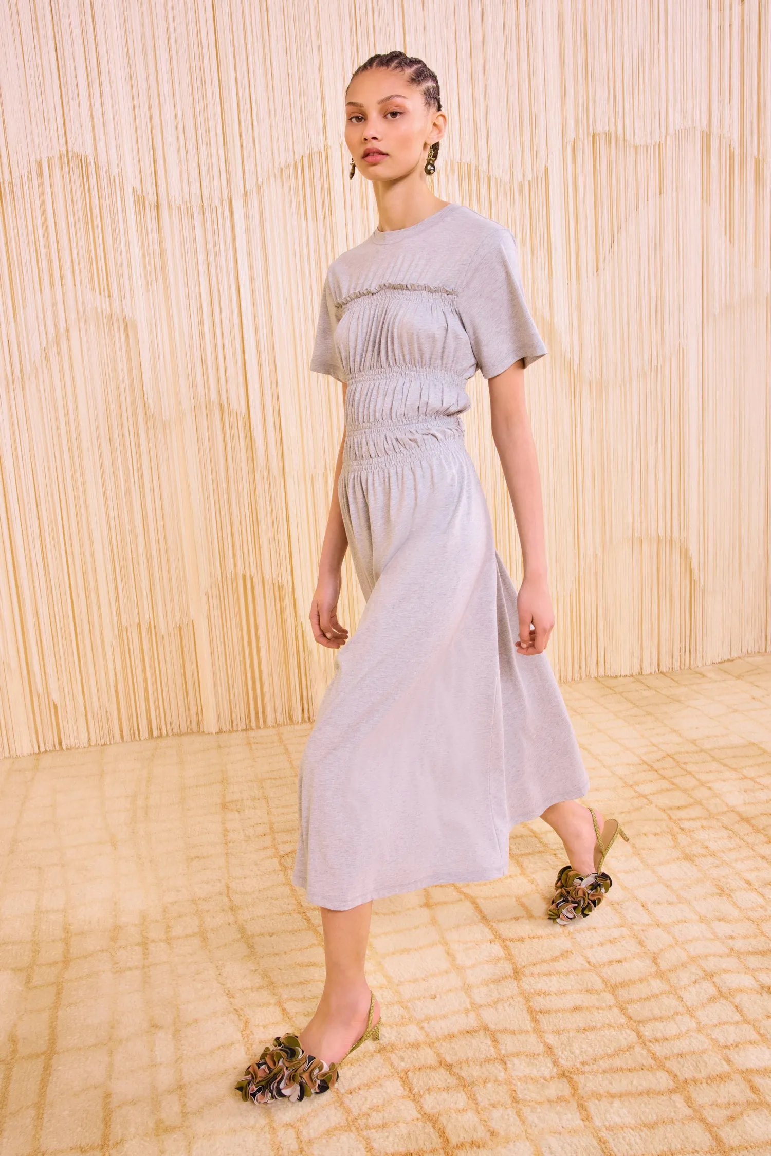 Georgie Short Sleeve Smocked Midi Dress - Slate Melange london girl
