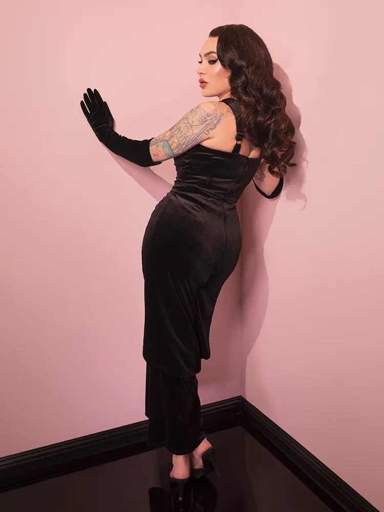 Golden Era Gown and Glove Set in Black Velvet - Vixen by Micheline Pitt warm pearl