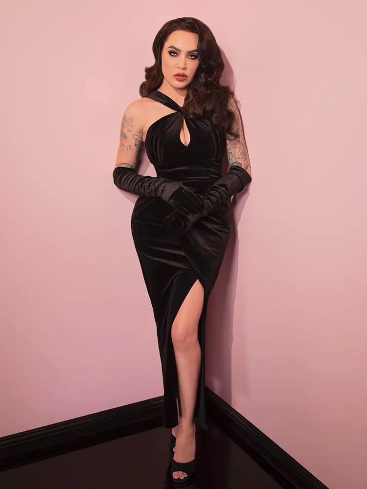 Golden Era Gown and Glove Set in Black Velvet - Vixen by Micheline Pitt warm pearl