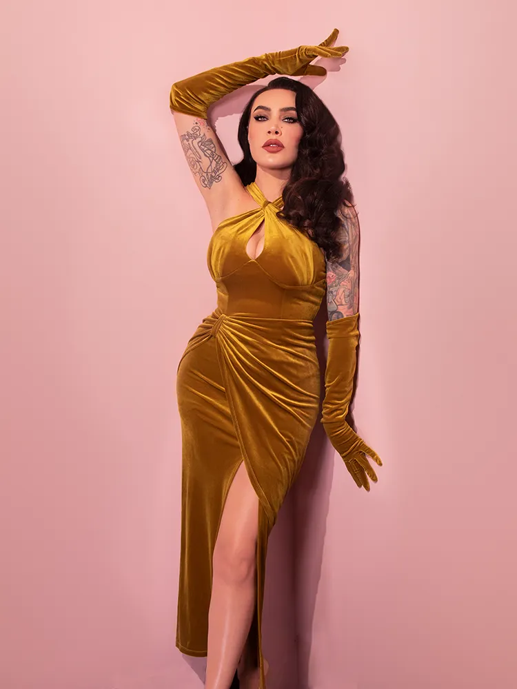 Golden Era Gown and Glove Set in Gold Velvet - Vixen by Micheline Pitt space glow