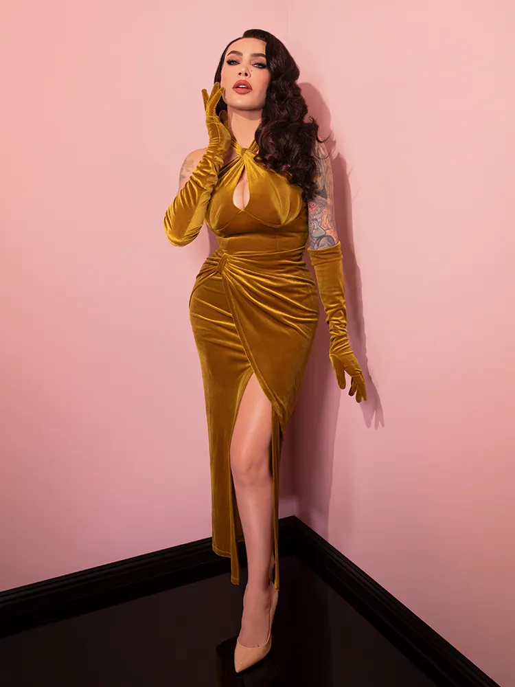 Golden Era Gown and Glove Set in Gold Velvet - Vixen by Micheline Pitt space glow