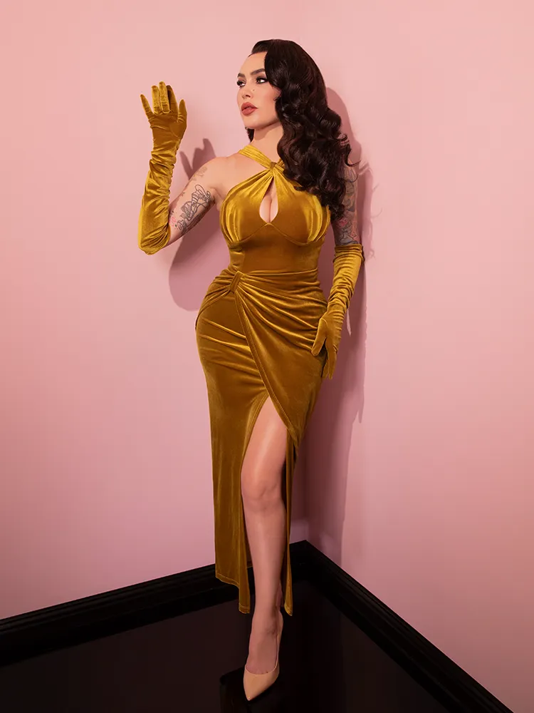 Golden Era Gown and Glove Set in Gold Velvet - Vixen by Micheline Pitt space glow
