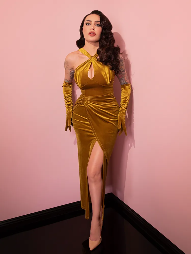 Golden Era Gown and Glove Set in Gold Velvet - Vixen by Micheline Pitt space glow