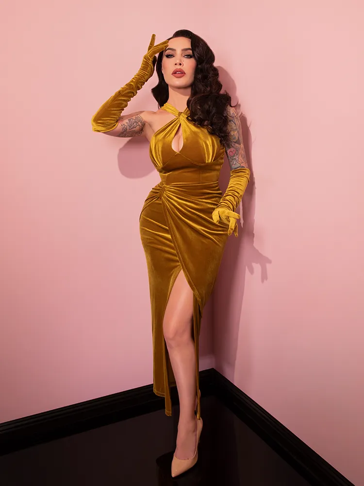 Golden Era Gown and Glove Set in Gold Velvet - Vixen by Micheline Pitt space glow