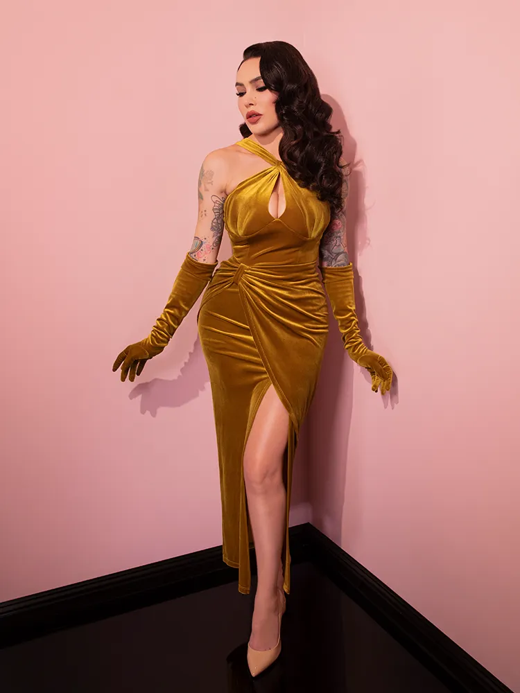 Golden Era Gown and Glove Set in Gold Velvet - Vixen by Micheline Pitt space glow