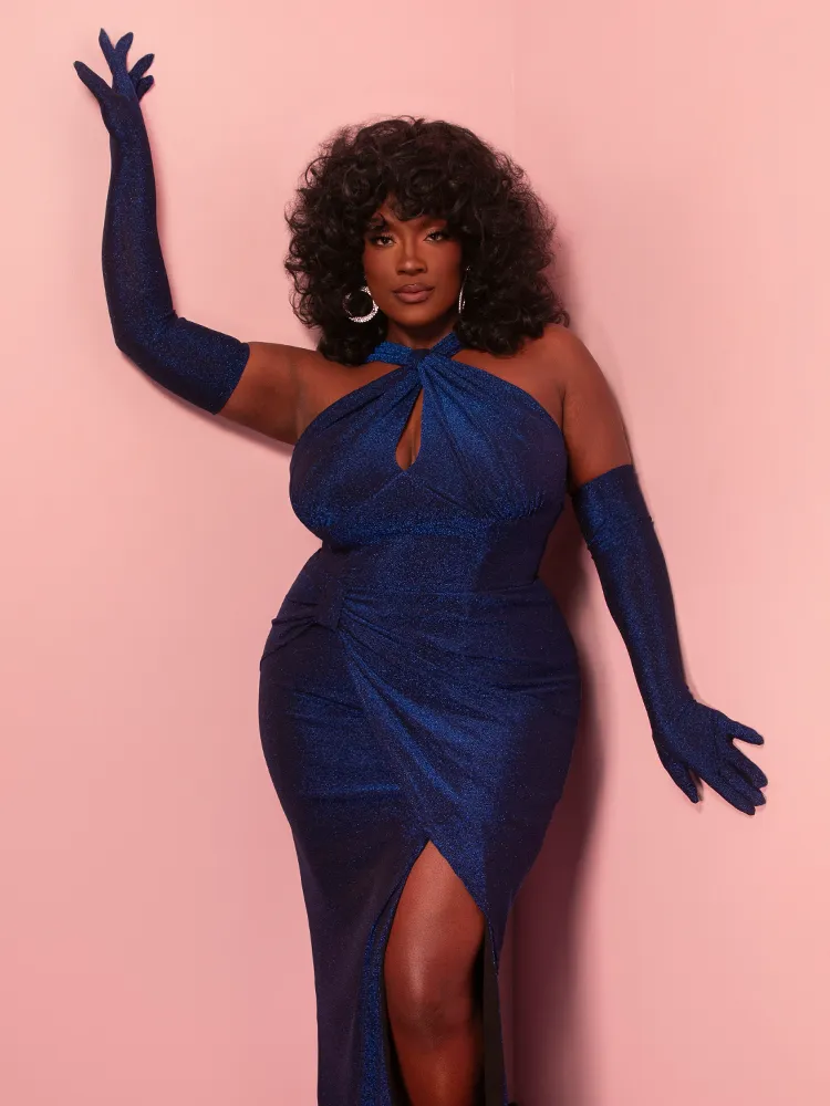 Golden Era Gown and Glove Set in Midnight Blue Sparkle - Vixen by Micheline Pitt smooth edge