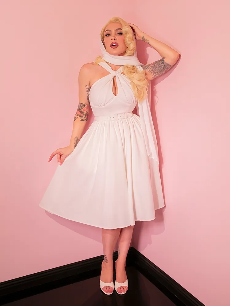 Golden Era Swing Dress and Chiffon Scarf in Ivory - Vixen by Micheline Pitt illusion back