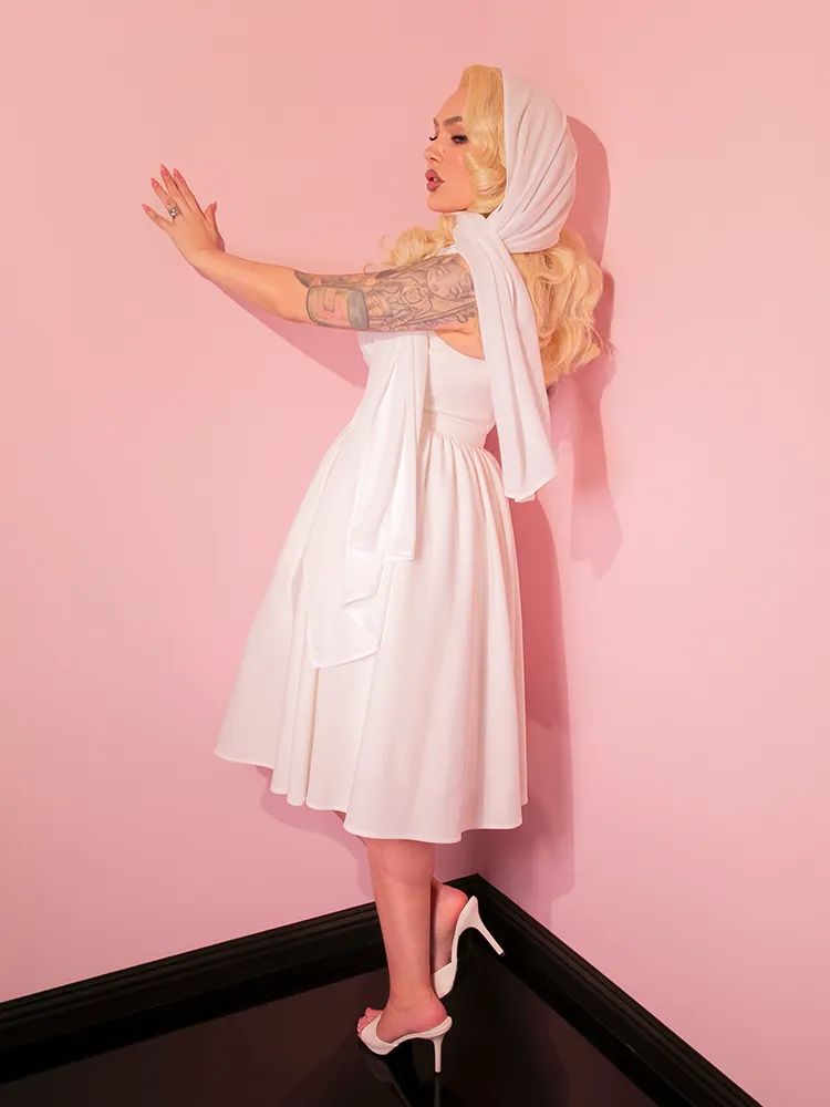 Golden Era Swing Dress and Chiffon Scarf in Ivory - Vixen by Micheline Pitt illusion back