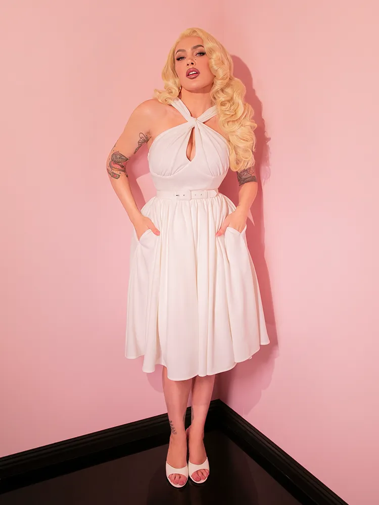 Golden Era Swing Dress and Chiffon Scarf in Ivory - Vixen by Micheline Pitt illusion back
