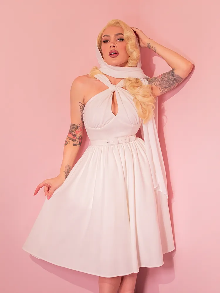 Golden Era Swing Dress and Chiffon Scarf in Ivory - Vixen by Micheline Pitt illusion back