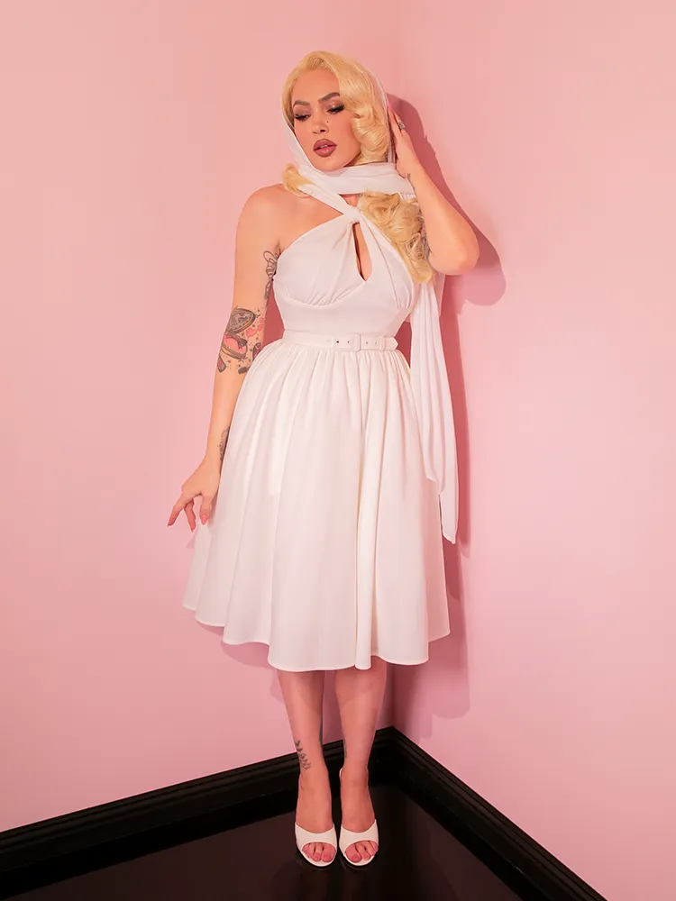 Golden Era Swing Dress and Chiffon Scarf in Ivory - Vixen by Micheline Pitt illusion back