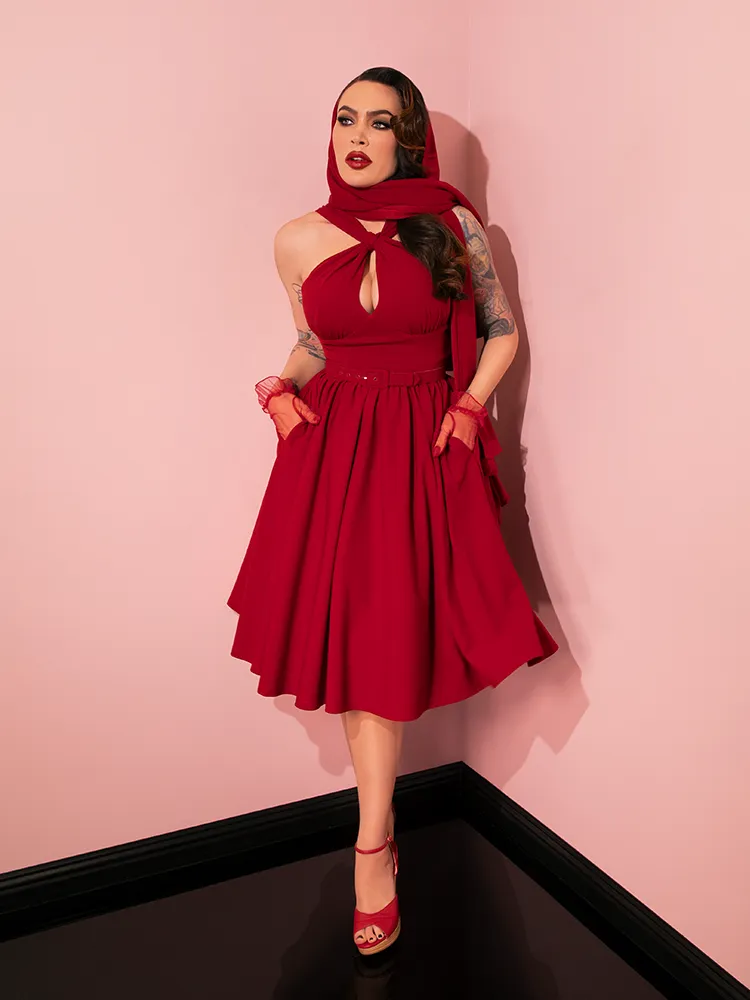 Golden Era Swing Dress and Scarf in Ruby Red - Vixen by Micheline Pitt moon wave