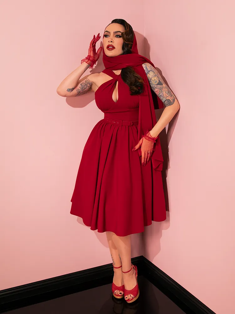 Golden Era Swing Dress and Scarf in Ruby Red - Vixen by Micheline Pitt moon wave