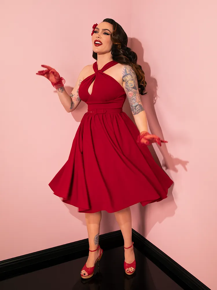Golden Era Swing Dress and Scarf in Ruby Red - Vixen by Micheline Pitt moon wave