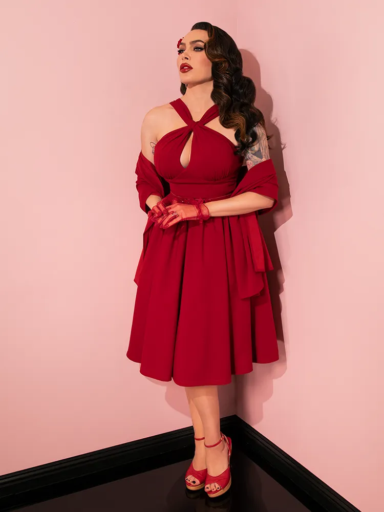Golden Era Swing Dress and Scarf in Ruby Red - Vixen by Micheline Pitt moon wave