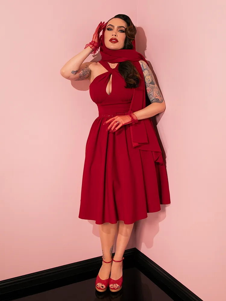 Golden Era Swing Dress and Scarf in Ruby Red - Vixen by Micheline Pitt moon wave