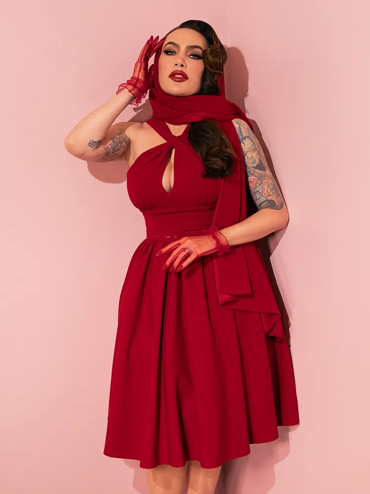 Golden Era Swing Dress and Scarf in Ruby Red - Vixen by Micheline Pitt moon wave