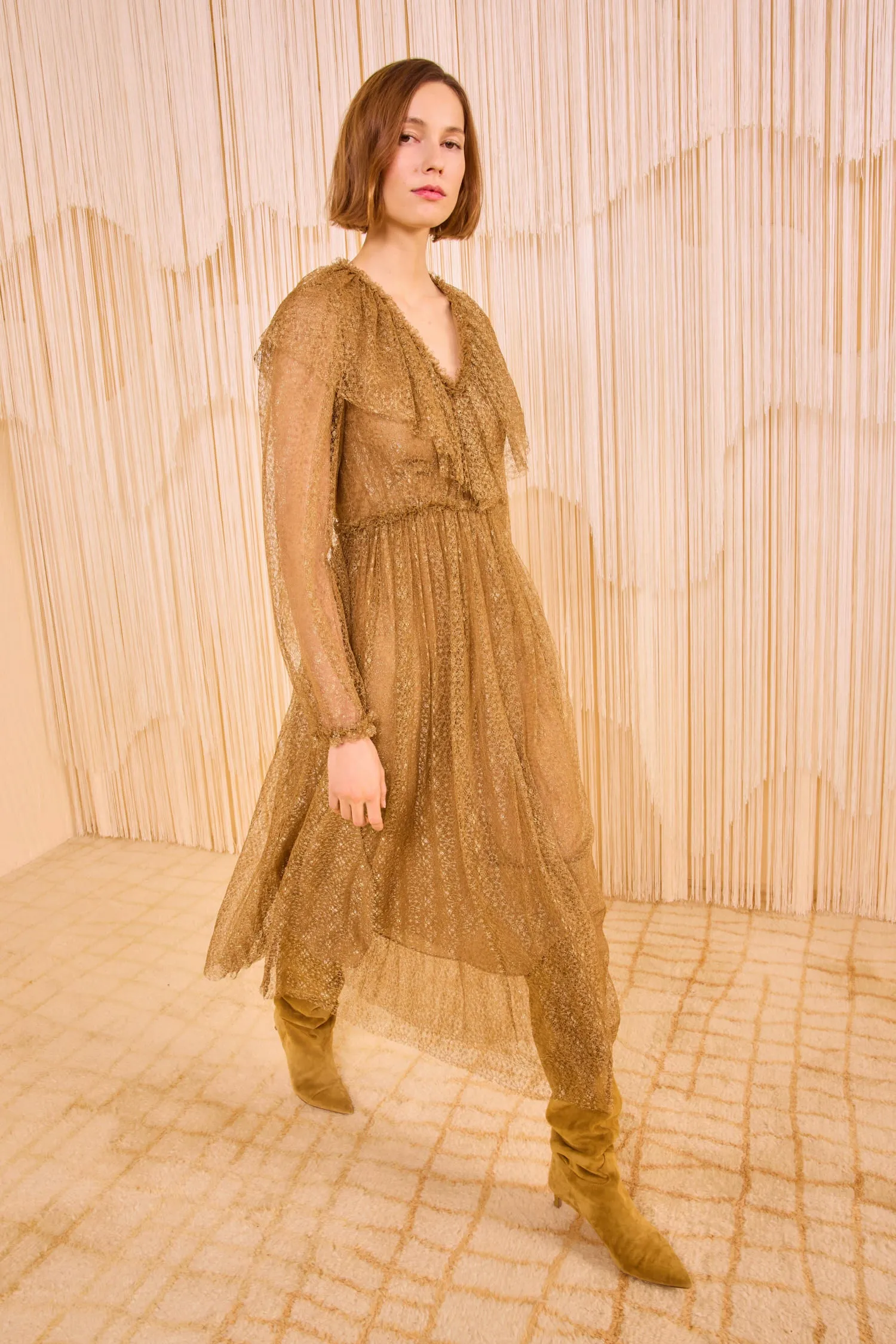 Helena Ruffle Neckline Long Sleeve Dress - Burnish event mood