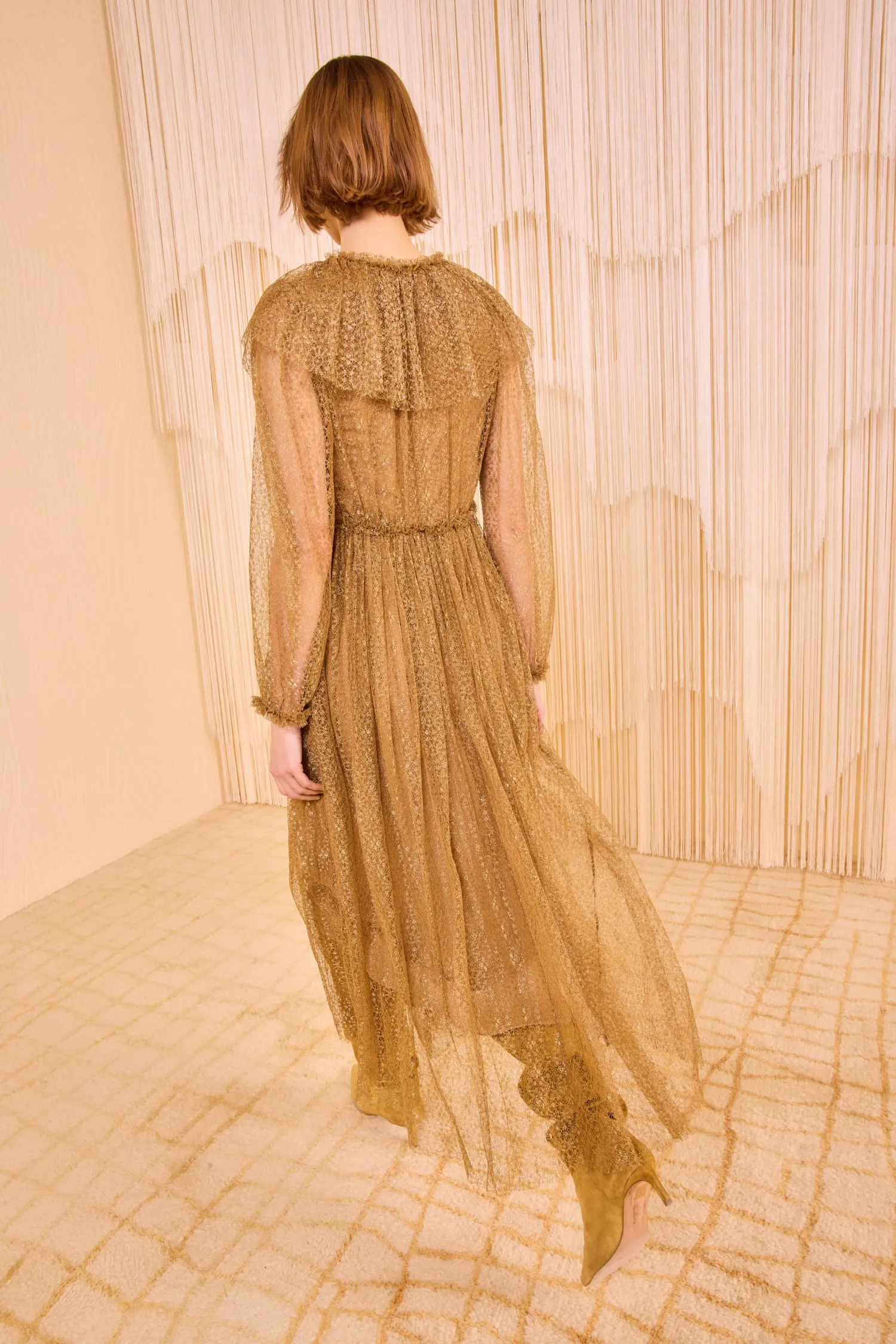 Helena Ruffle Neckline Long Sleeve Dress - Burnish event mood