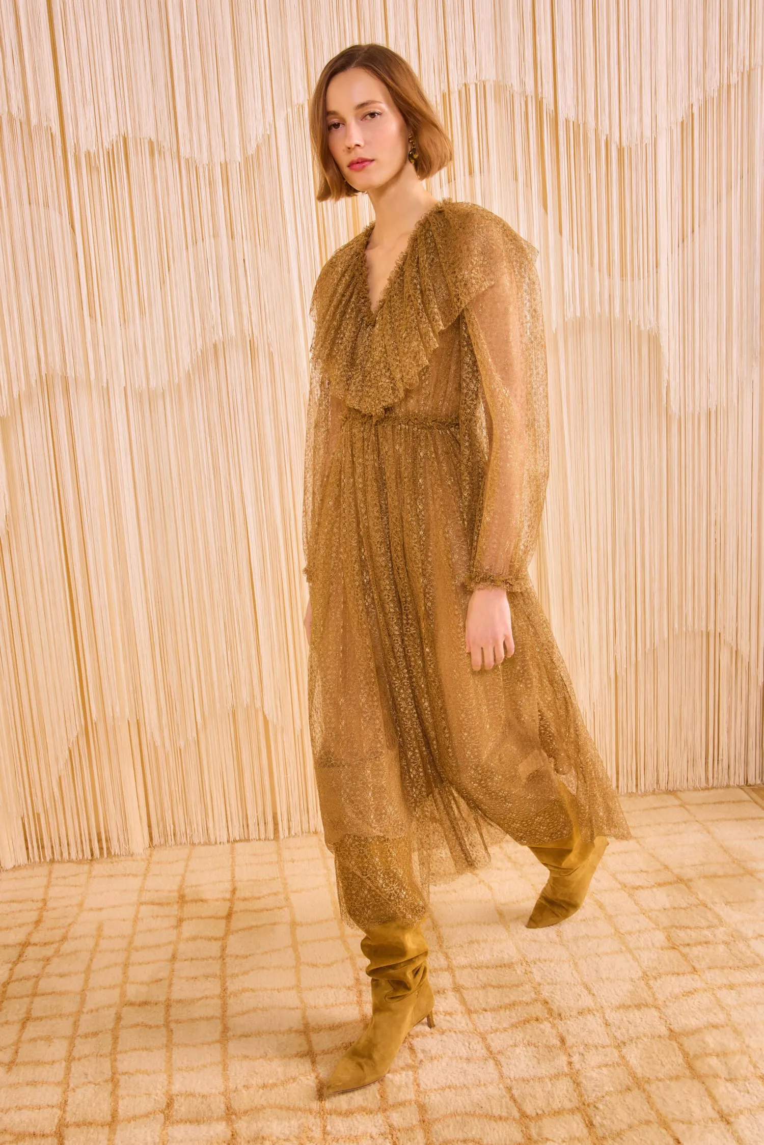 Helena Ruffle Neckline Long Sleeve Dress - Burnish event mood