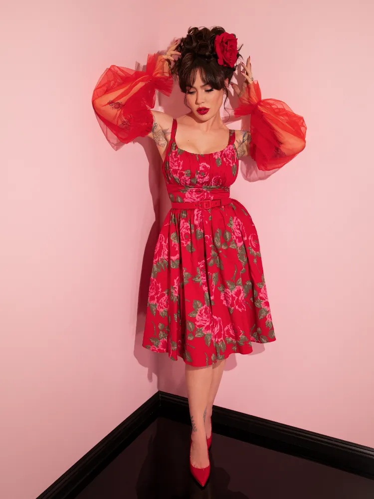 Ingenue Dress in Vintage Red Rose Print - Vixen by Micheline Pitt glass gloss